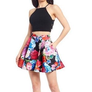 B Darlin  Floral Print Two Piece Dress Set Black 15 / 16